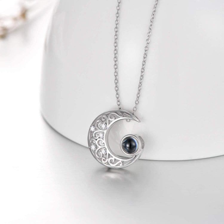 925 Sterling Silver Crescent Necklace with 100 Languages I Love You Stone Pendant for Women
