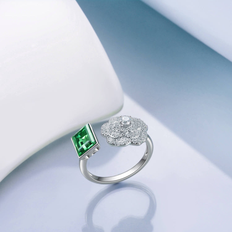 925 Sterling Silver Flower Open Ring With Green Zirconia - onlyone