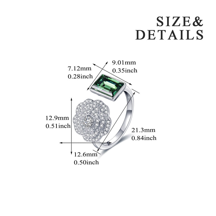 925 Sterling Silver Flower Open Ring With Green Zirconia - onlyone