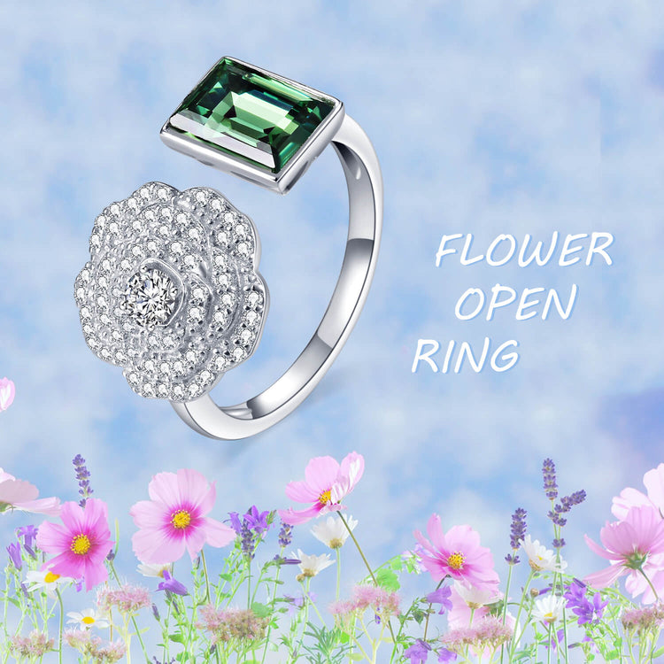 925 Sterling Silver Flower Open Ring With Green Zirconia - onlyone
