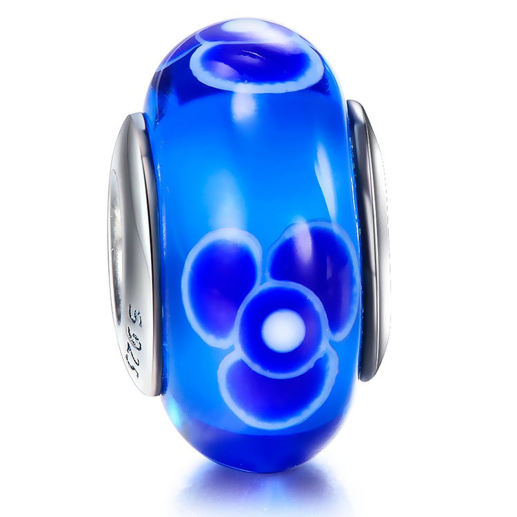 925 Sterling Silver Blue Flower Glass Charm for Bracelet and Necklace - onlyone