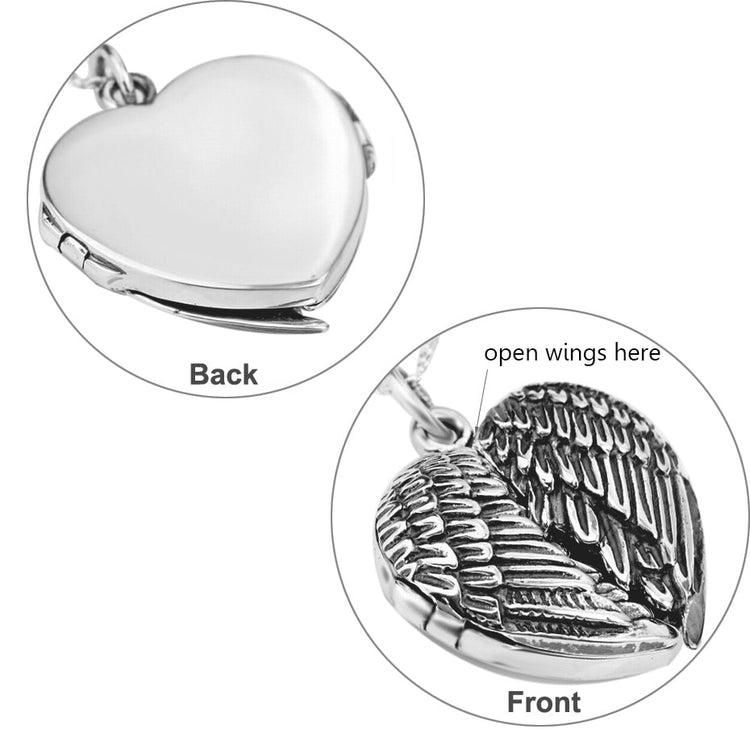 925 Sterling Silver Angel Wings Photo Locket Necklace, Retro Style Heart Shape Pendant Necklace - onlyone