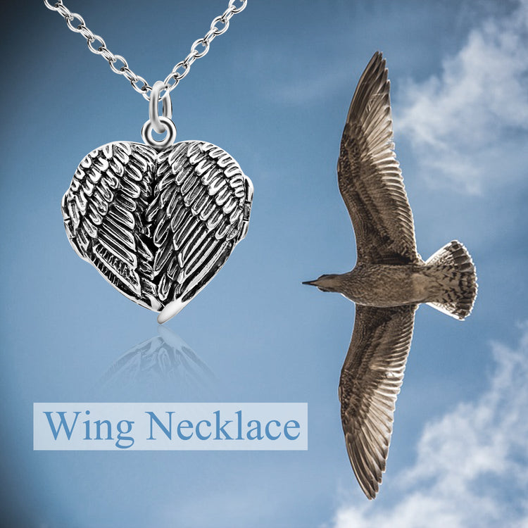 925 Sterling Silver Angel Wings Photo Locket Necklace, Retro Style Heart Shape Pendant Necklace - onlyone