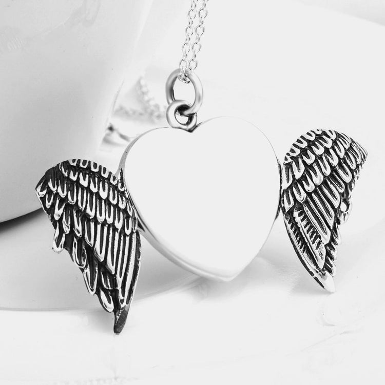 925 Sterling Silver Angel Wings Photo Locket Necklace, Retro Style Heart Shape Pendant Necklace - onlyone