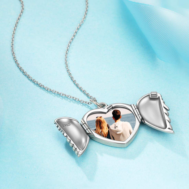 925 Sterling Silver Angel Wings Photo Locket Necklace, Retro Style Heart Shape Pendant Necklace - onlyone