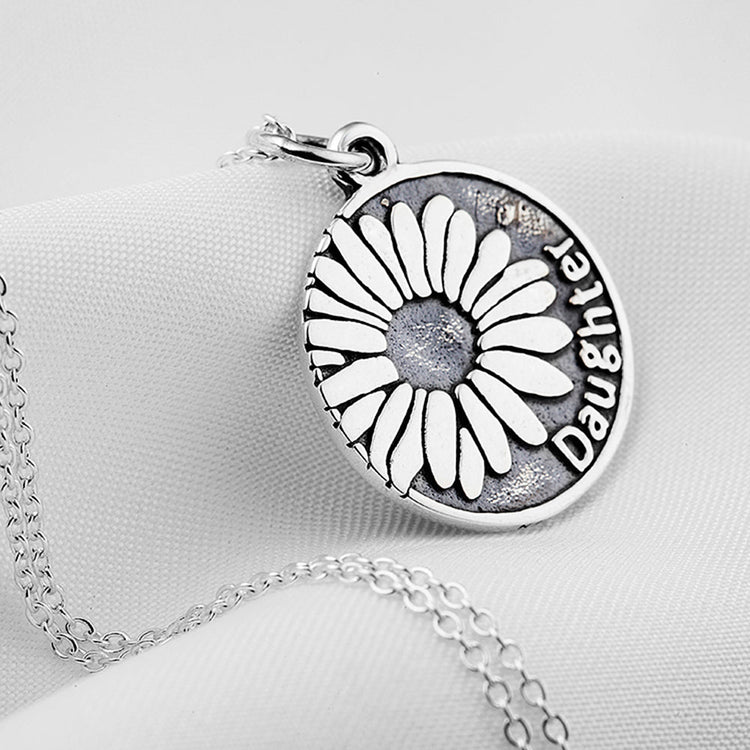 925 Sterling Silver Sunflower and Daughter Retro Round Pendant Necklace - onlyone