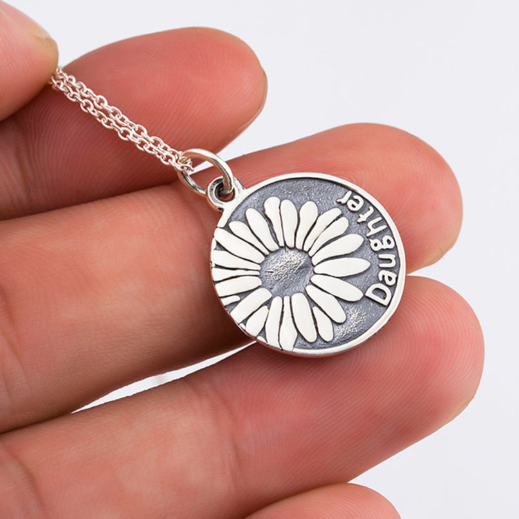 925 Sterling Silver Sunflower and Daughter Retro Round Pendant Necklace - onlyone