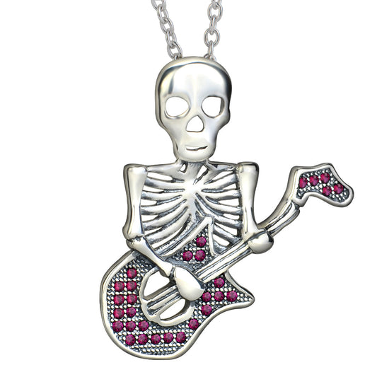 925 Sterling Silver Halloween Guitar Skull Necklace With Red Zircon - onlyone