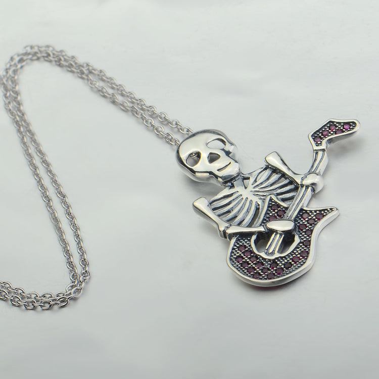 925 Sterling Silver Halloween Guitar Skull Necklace With Red Zircon - onlyone