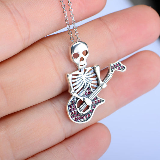 925 Sterling Silver Halloween Guitar Skull Necklace With Red Zircon - onlyone