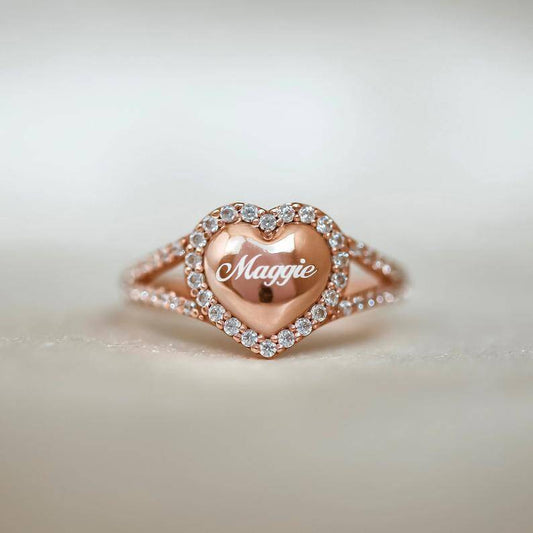 925 Sterling Silver Heart Signet Pave Ring, Custom Name Ring, Statement Ring, Heart Ring, Bridesmaid Jewelry - onlyone