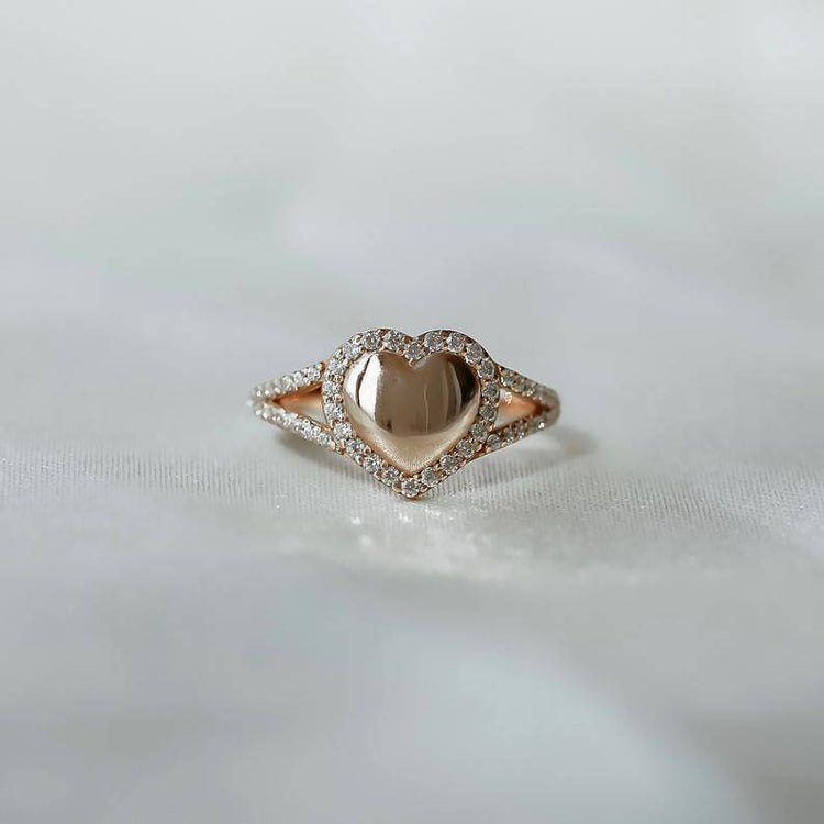 925 Sterling Silver Heart Signet Pave Ring, Custom Name Ring, Statement Ring, Heart Ring, Bridesmaid Jewelry - onlyone