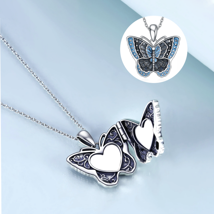 925 Sterling Silver Butterfly Heart Photo Locket Pendant Necklace