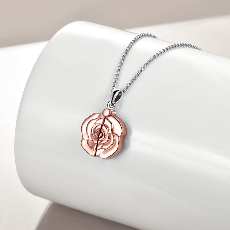925 Sterling Silver Custom Round Photo Rose Flower Locket Necklace