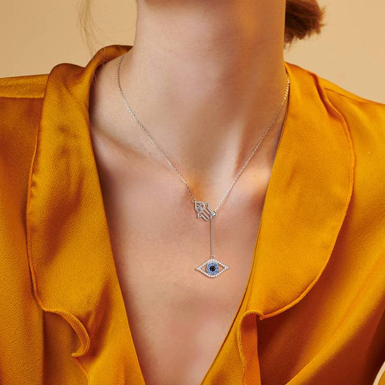 925 Sterling Silver Hamsa Hand Of Fatima With Evil Eye Lariat Necklace