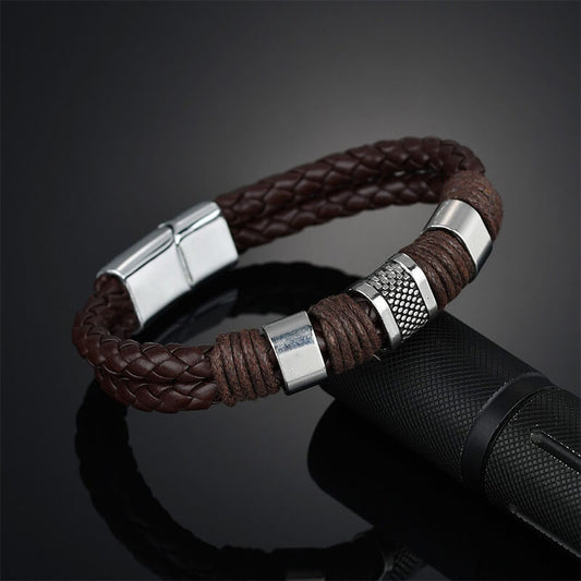 Knit Mens Leather Bracelet Brown Weave Black Punk, Father's Day Bracelet - onlyone