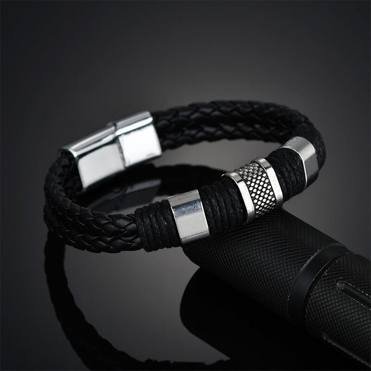Knit Mens Leather Bracelet Brown Weave Black Punk, Father's Day Bracelet - onlyone