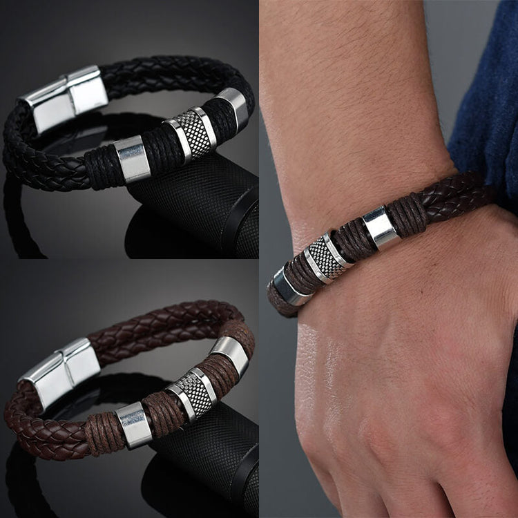 Knit Mens Leather Bracelet Brown Weave Black Punk, Father's Day Bracelet - onlyone
