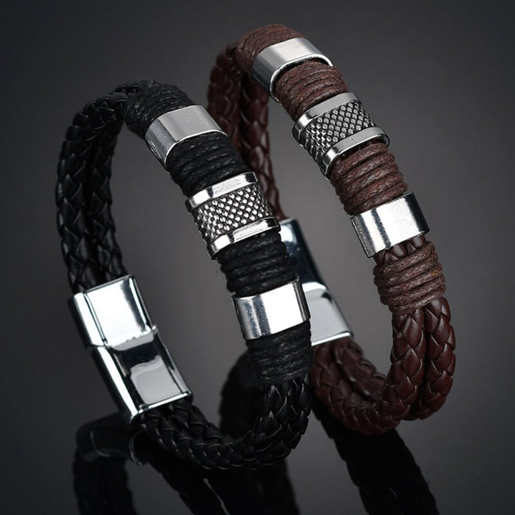 Knit Mens Leather Bracelet Brown Weave Black Punk, Father's Day Bracelet - onlyone