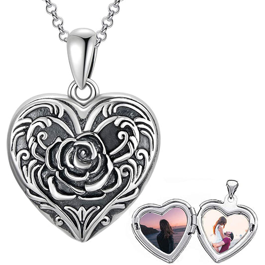 925 Sterling Silver Cameo Rose Flower Heart Photo Locket Necklace