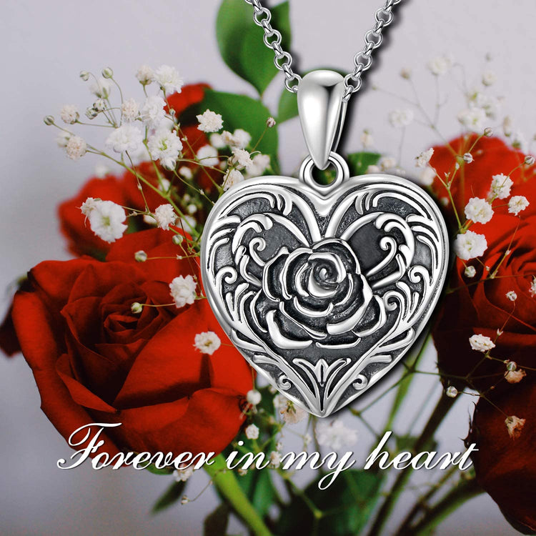 925 Sterling Silver Cameo Rose Flower Heart Photo Locket Necklace