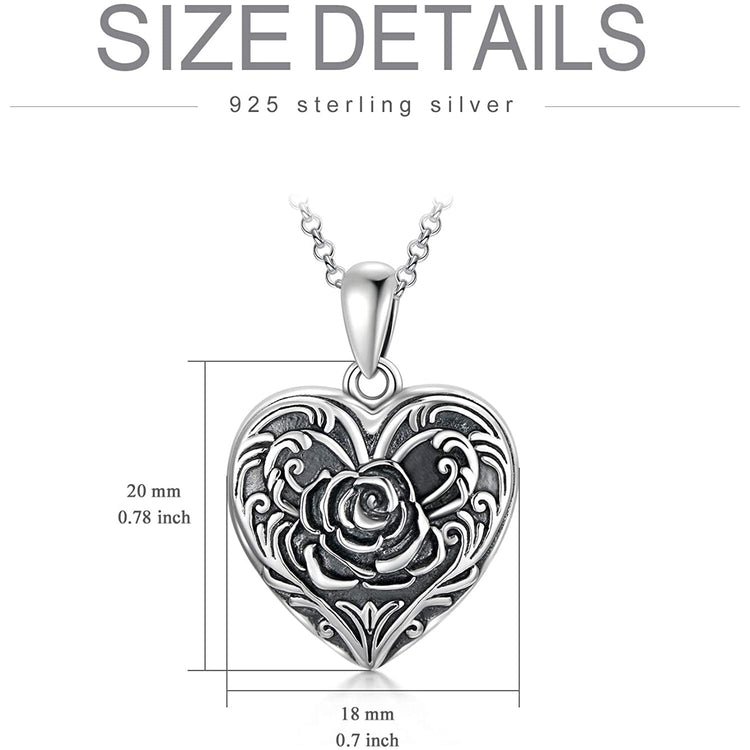 925 Sterling Silver Cameo Rose Flower Heart Photo Locket Necklace