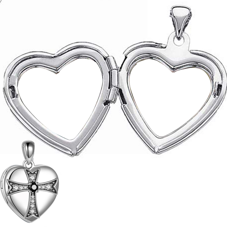 925 Sterling Silver Heart Zirconia Cross Heart Photo Locket Necklace