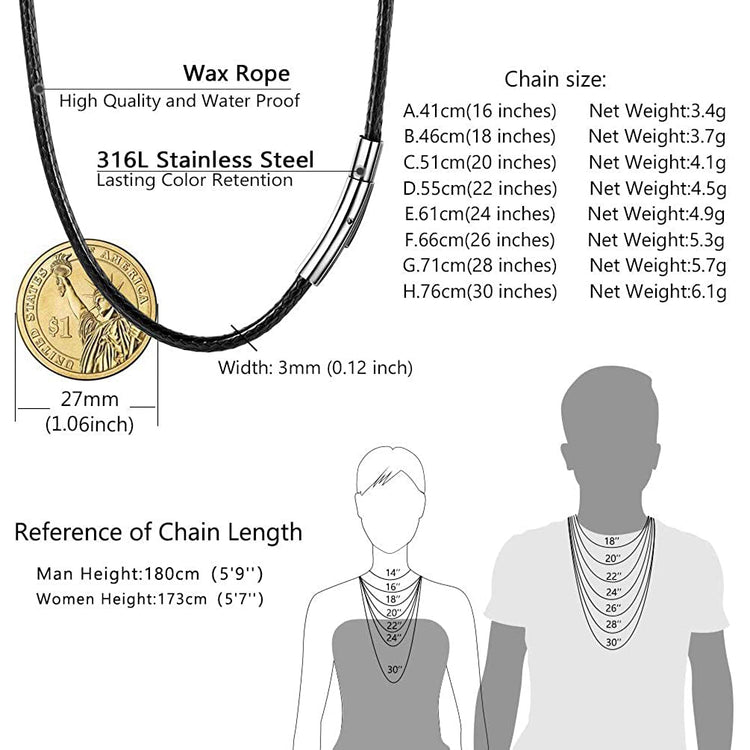 Men's Waxed Rope Braided Leather Necklace With Stainless Steel Durable Clasp