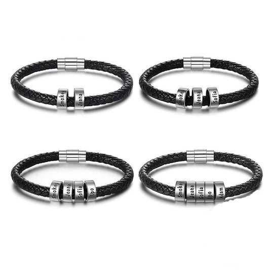 Men's Black Leather Bracelet With 925 Sterling Silver Name Plated Charms, Father's Day Bracelet - onlyone
