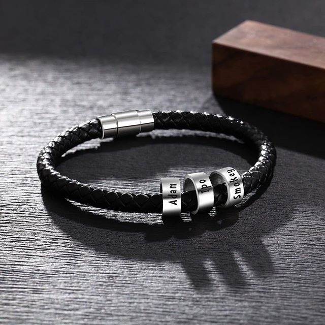 Men's Black Leather Bracelet With 925 Sterling Silver Name Plated Charms, Father's Day Bracelet - onlyone