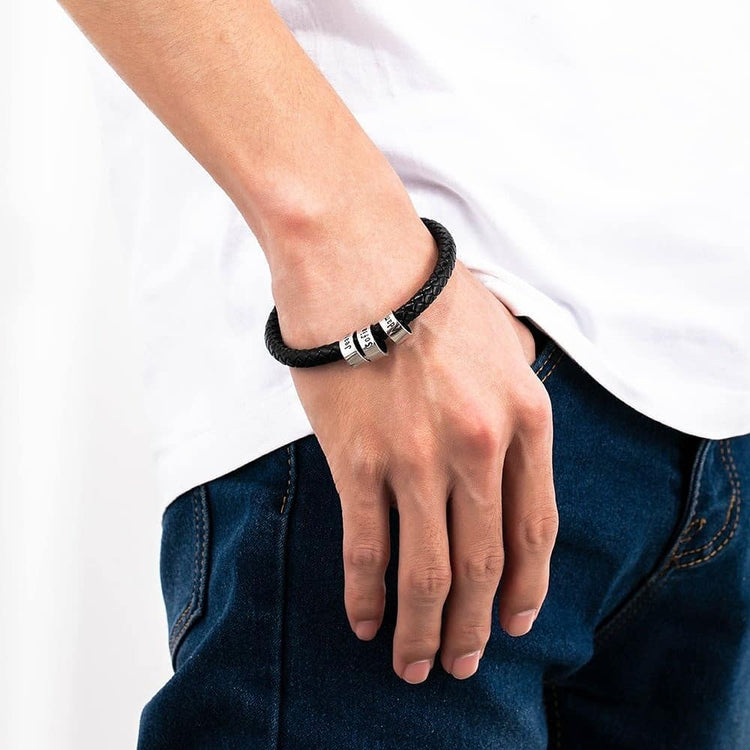 Men's Black Leather Bracelet With 925 Sterling Silver Name Plated Charms, Father's Day Bracelet - onlyone