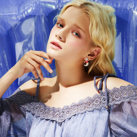 925 Sterling Silver Moon Star Stud Earrings Gift For Girl - onlyone