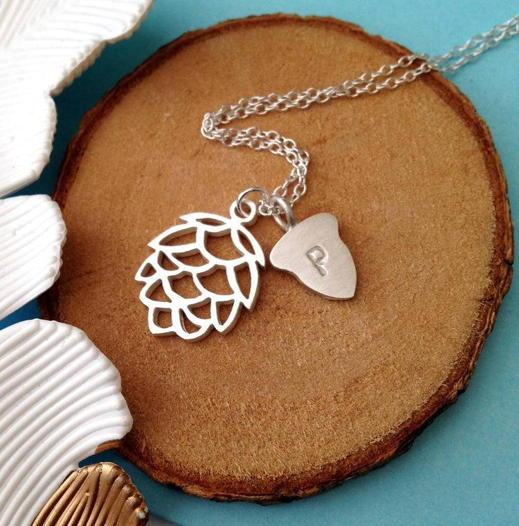 925 Sterling Silver Pine Nut Engraved Initial Necklace - onlyone