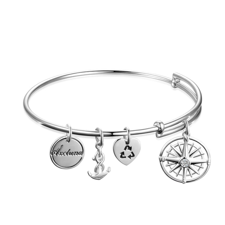 Personalized 925 Sterling Silver Nautical Anchor and Compass Bracelets Expandable Bangles for Women - onlyone