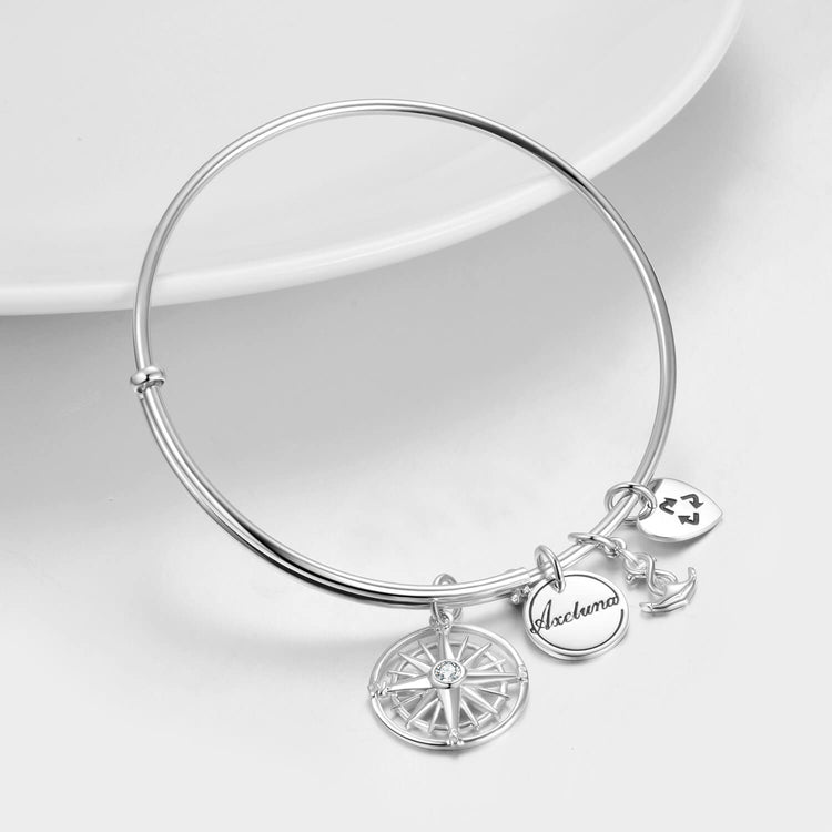 Personalized 925 Sterling Silver Nautical Anchor and Compass Bracelets Expandable Bangles for Women - onlyone