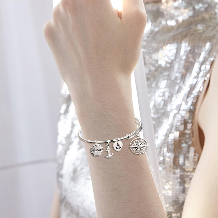 Personalized 925 Sterling Silver Nautical Anchor and Compass Bracelets Expandable Bangles for Women - onlyone