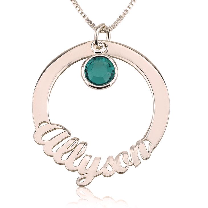 925 Sterling Silver Circle Engraved Name Necklace Nameplate Necklace With Birthstone - onlyone