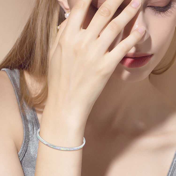 925 Sterling Silver Adjustable Cuff White Opal Bangle Bracelet Inspirational Bracelet - onlyone