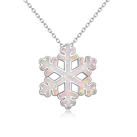 925 Sterling Silver Opal Snowflake Pendant Necklace Christmas Gift - onlyone