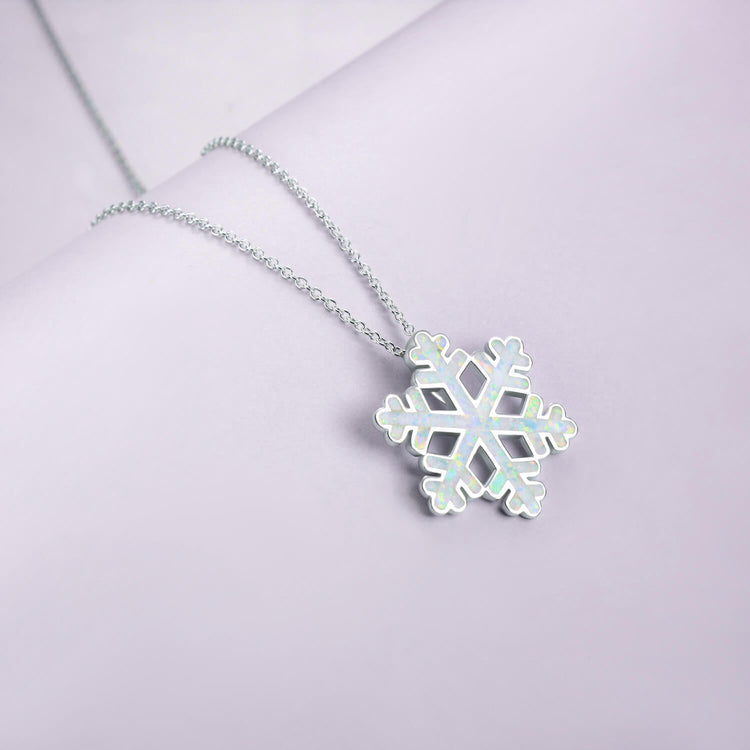 925 Sterling Silver Opal Snowflake Pendant Necklace Christmas Gift - onlyone