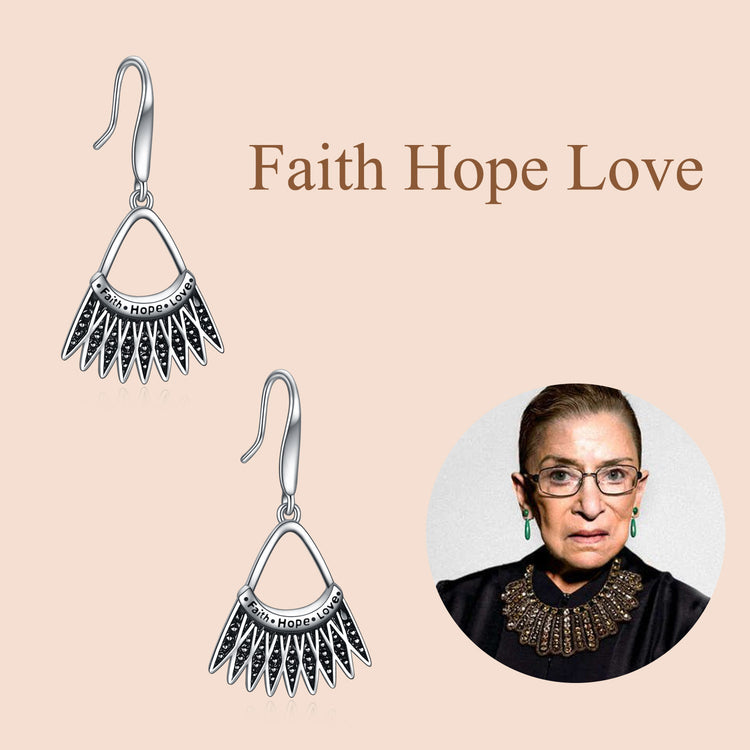 925 Sterling Silver Dissent Collar Earrings Ebgraved"Faithe Hope Love" Dangling Earrings Jewelry Memory Ruth Bader Ginsburg