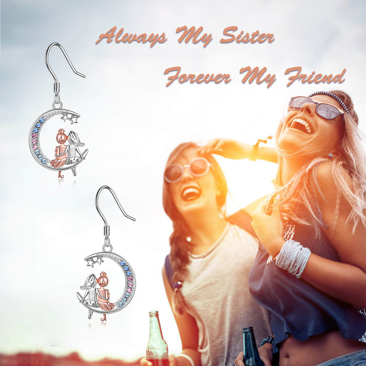 925 Sterling Silver With Crystal Dangle Sister Earrings With Crystal