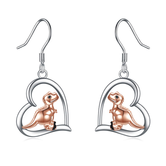 Boucles d'oreilles pendantes en forme de cœur de dinosaure en argent sterling 925