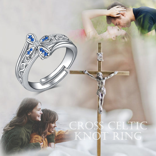 925 Sterling Silver Blue Zirconia Flower Cross Ring Band Ring Vintage Bohemian Celtic Knot Ring - onlyone