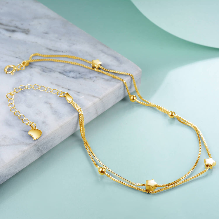 925 Sterling Silver Star Ball Double Chain Anklet - onlyone