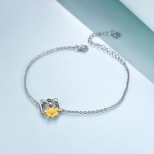 925 Sterling Silver Bee Sunflower Bracelet - onlyone