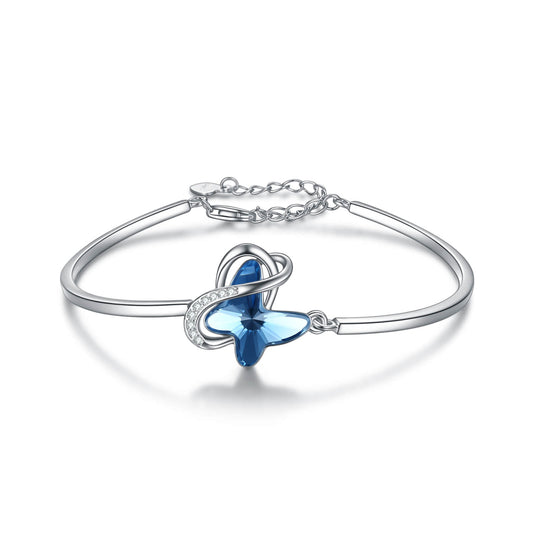 925 Sterling Silver Blue Butterfly Swarovski Crystal Bangle Bracelet Birthday Gift for Women Girls - onlyone