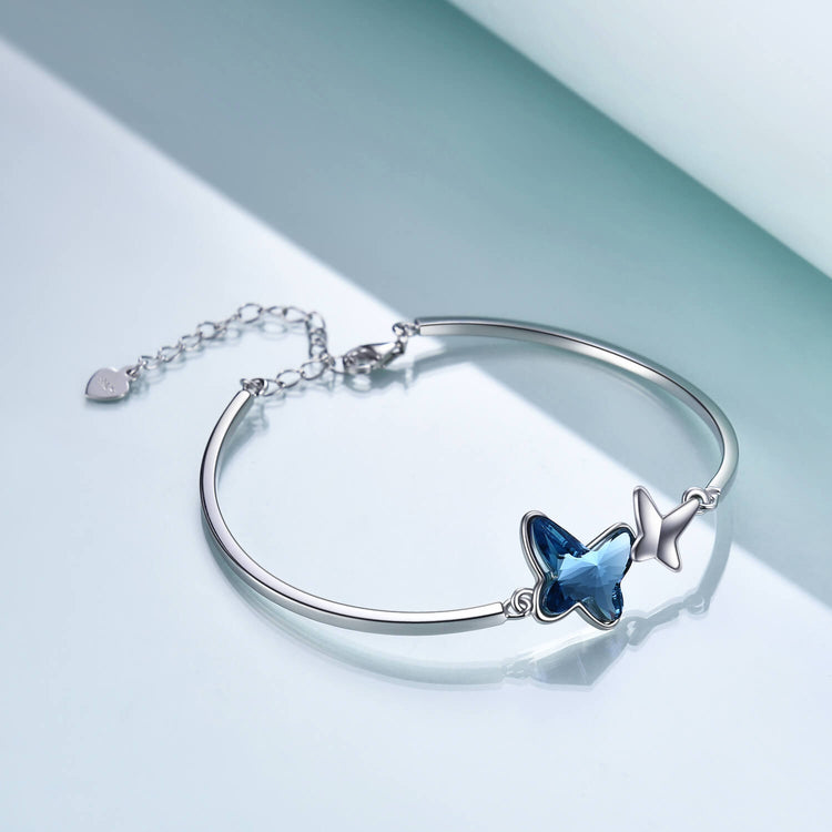 925 Sterling Silver Blue Butterfly Swarovski Crystal Bangle Bracelet Birthday Gift for Women Girls - onlyone