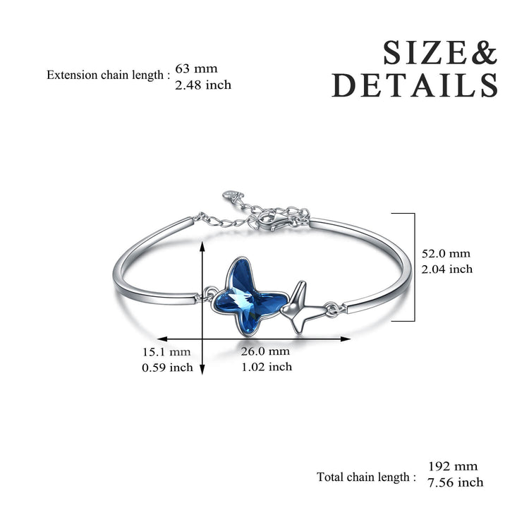 925 Sterling Silver Blue Butterfly Swarovski Crystal Bangle Bracelet Birthday Gift for Women Girls - onlyone