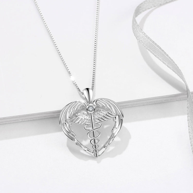 925 Sterling Silver Caduceus Angel Nursing Themed Pendant Necklace - onlyone